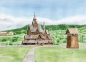 Preview: Postkarte DIN-A6 Aquarell Kunst Druck Kunstdruck Norwegen Norge Norway Kirche Stabkirche